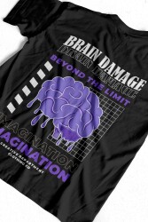 Brain Damage Yazılı Beyin Tasarım Baskılı Oversize Unisex Siyah T-Shirt - 1