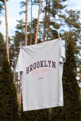 Brooklyn Street Fashion Yazılı Tasarım Baskılı Oversize Unisex Beyaz T-Shirt - 1