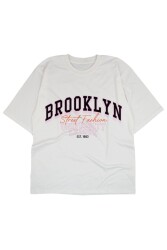 Brooklyn Street Fashion Yazılı Tasarım Baskılı Oversize Unisex Beyaz T-Shirt - 3