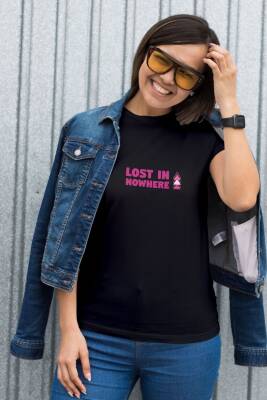 Lost in Nowhere Yazılı Yukarı Ok Tasarım Baskılı Oversize Unisex Siyah T-Shirt - 5