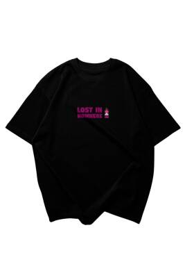 Lost in Nowhere Yazılı Yukarı Ok Tasarım Baskılı Oversize Unisex Siyah T-Shirt - 2