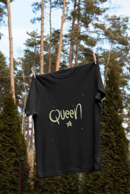 Queen Yazılı Yıldız Tasarım Baskılı Oversize Unisex Siyah T-Shirt - 4