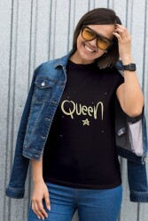 Queen Yazılı Yıldız Tasarım Baskılı Oversize Unisex Siyah T-Shirt - 5