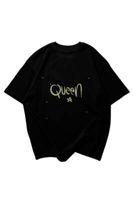 Queen Yazılı Yıldız Tasarım Baskılı Oversize Unisex Siyah T-Shirt - 2