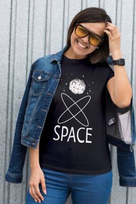 Space Yazılı Ay ve Yıldız Tasarım Baskılı Oversize Unisex Siyah T-Shirt - 2