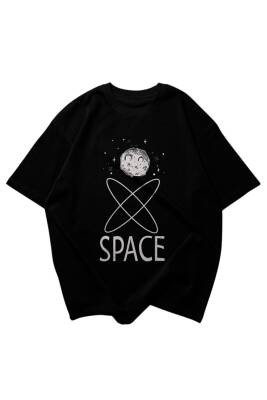 Space Yazılı Ay ve Yıldız Tasarım Baskılı Oversize Unisex Siyah T-Shirt - 3