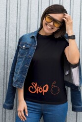 Stop Yazılı Bomba Tasarım Baskılı Oversize Unisex Siyah T-Shirt - 2