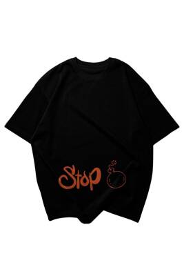 Stop Yazılı Bomba Tasarım Baskılı Oversize Unisex Siyah T-Shirt - 3