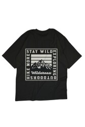 Wilderness Yazılı Sıra Dağlar Tasarım Baskılı Oversize Unisex Siyah T-Shirt - 2